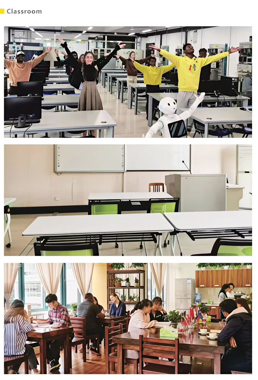 Modern classroom with students and a teaching assistant